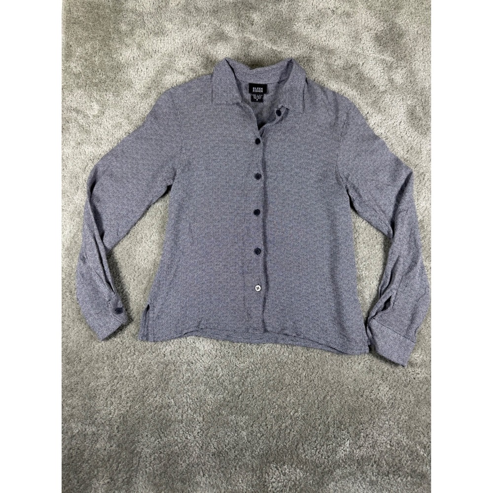 Eileen Fisher Womens Small Navy Blue White Rayon Button Down Shirt Long Sleeve